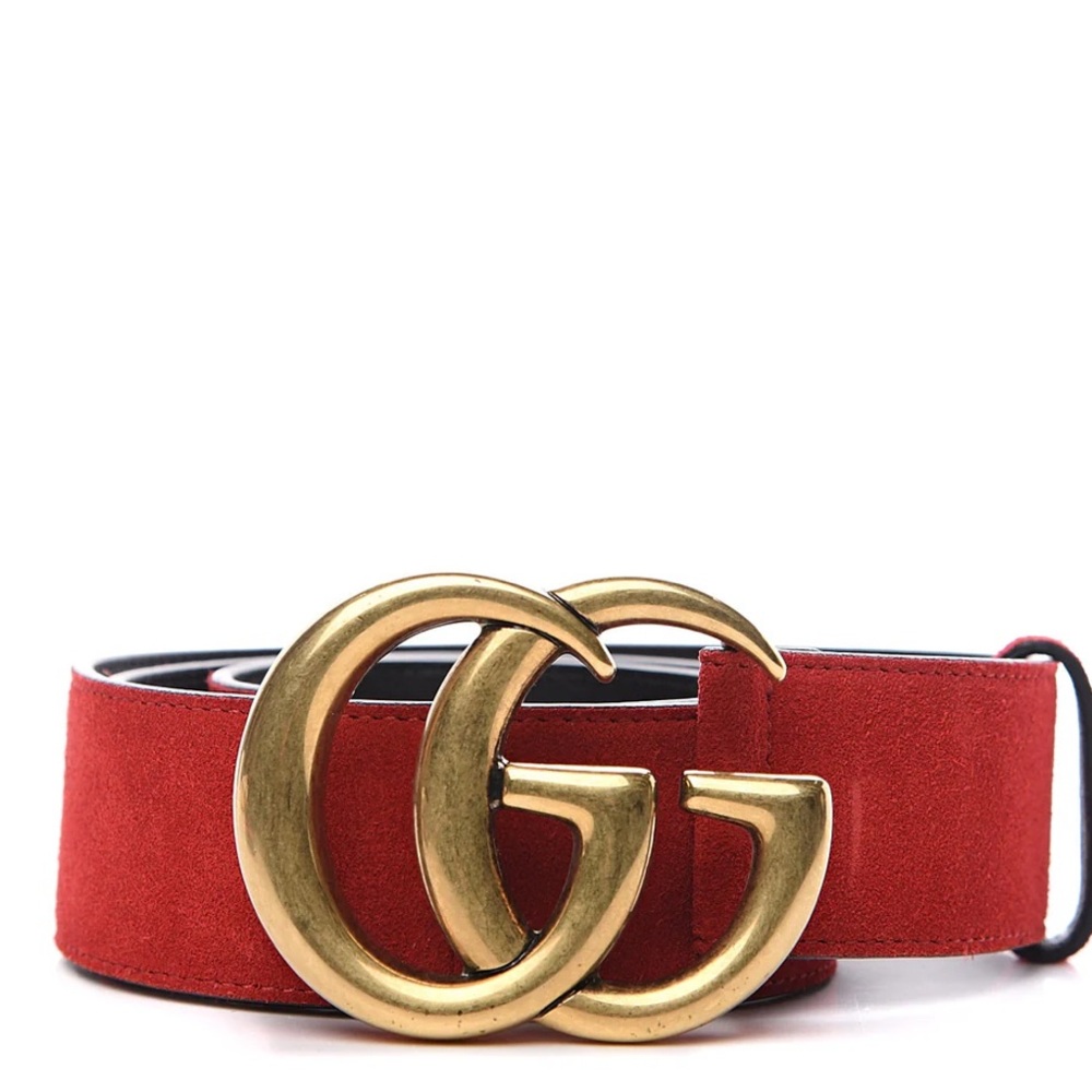 Elegant Red Suede Belt with Gold Floral Accent